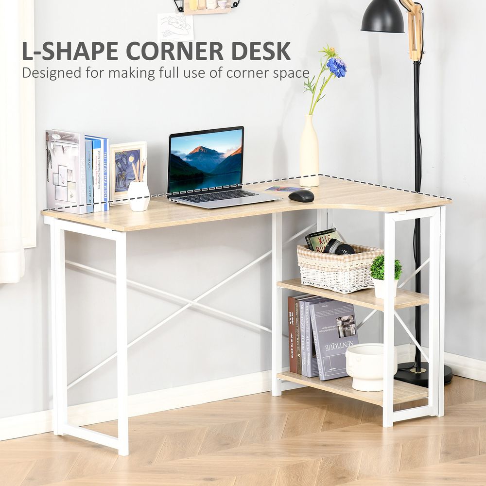 L-Shape Folding Computer Desk Study Workstation with 2 Shelves Oak Tone S0671079925