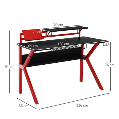 Gaming Desk Computer Table w/ Cup Holder Headphone Hook, Basket, Red S0671149175