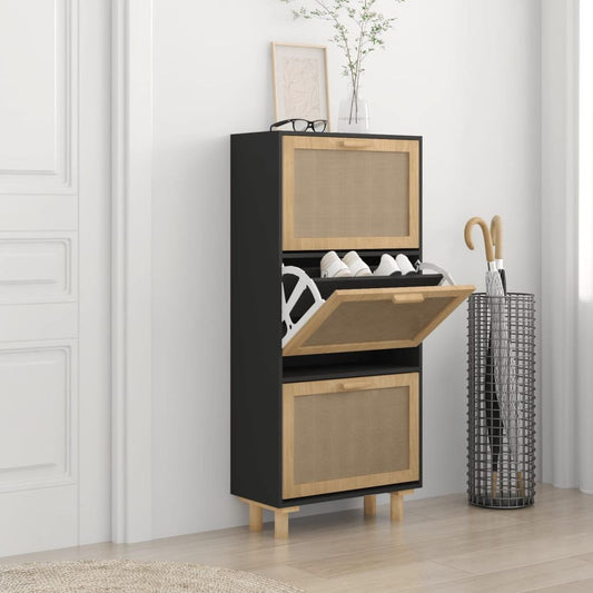 Shoe Cabinet Black 52x25x115 cm Engineered Wood&Natural Rattan S0671090774