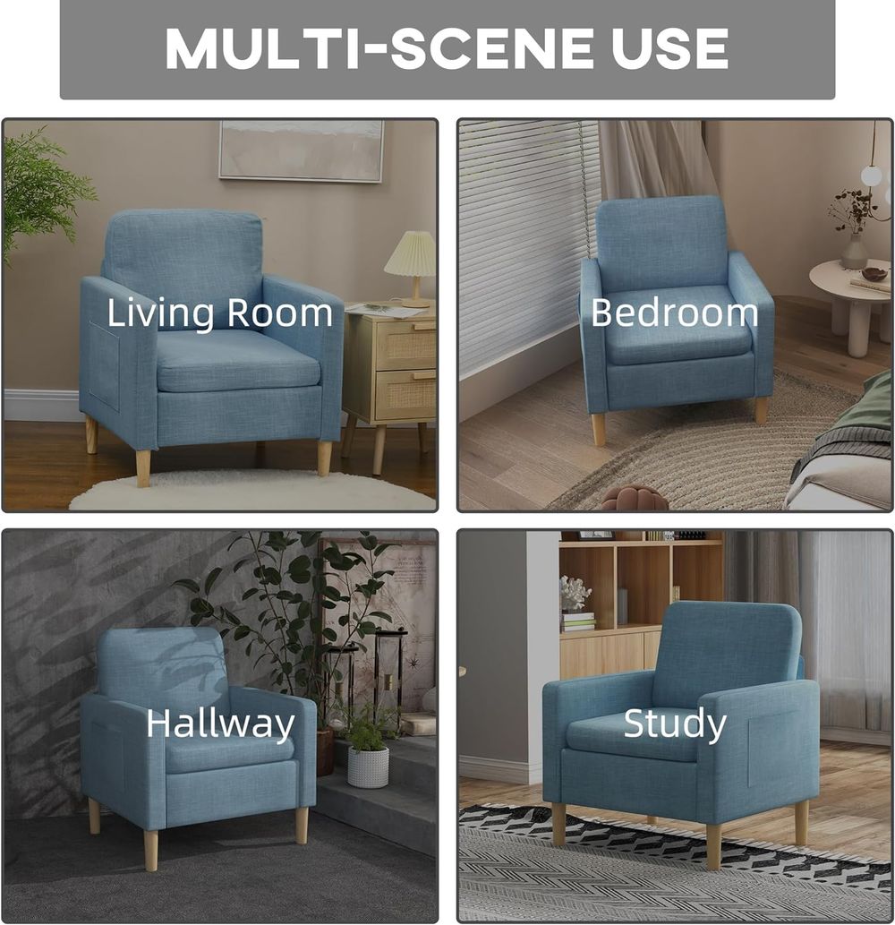 HOMCOM Modern Armchair Upholstered Accent Chair for Bedroom Home Office Blue S0671347087