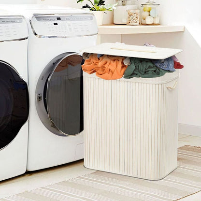 Rectangular Bamboo Laundry Basket-White with Divider S035872230