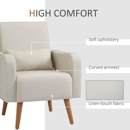 Nordic Armchair Linen-Touch Sofa Chair with Cushioned Pillow & Wood Legs Cream S0671097284