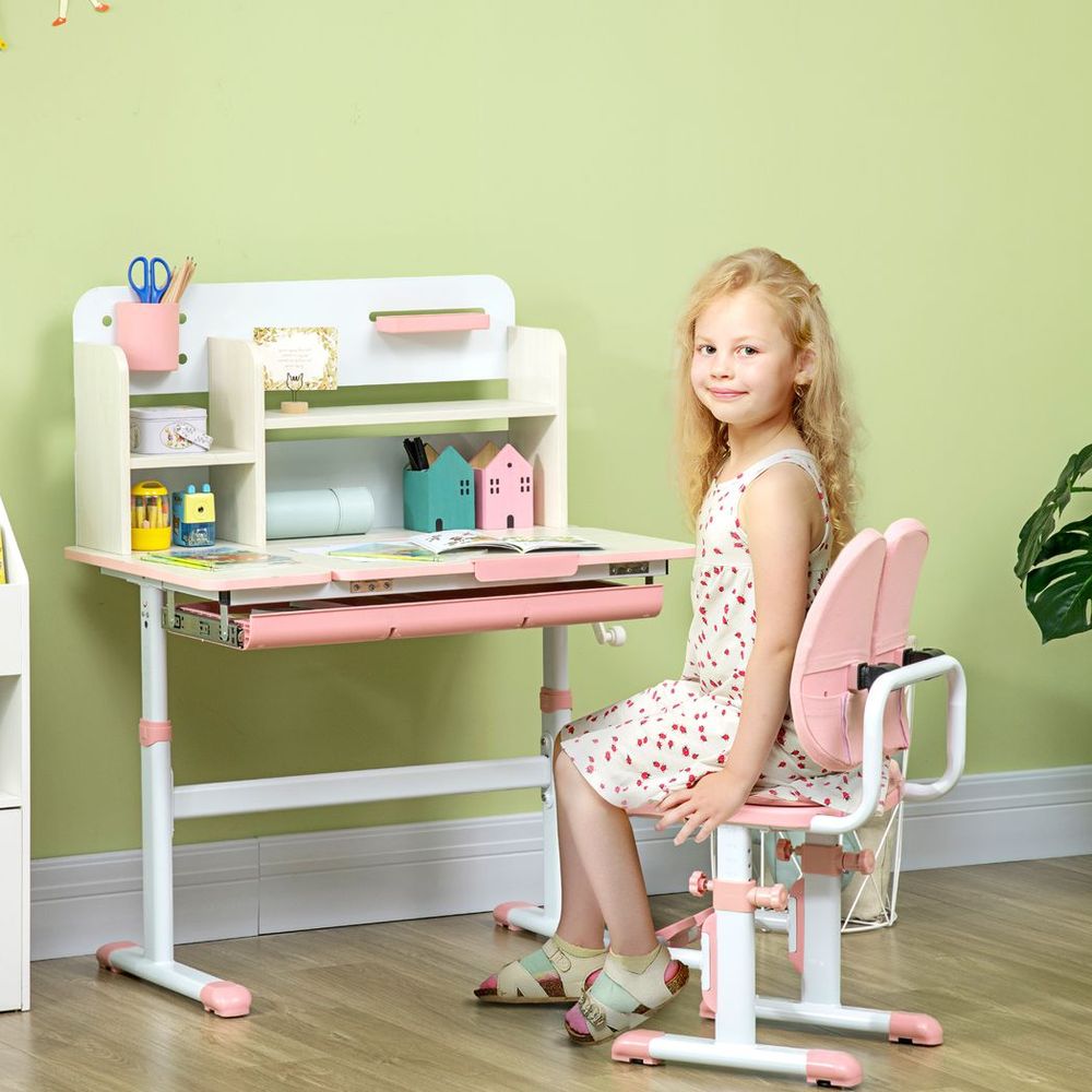 HOMCOM Kids Desk and Chair Set with Storage Shelves, Washable Cover - Pink S0671346545