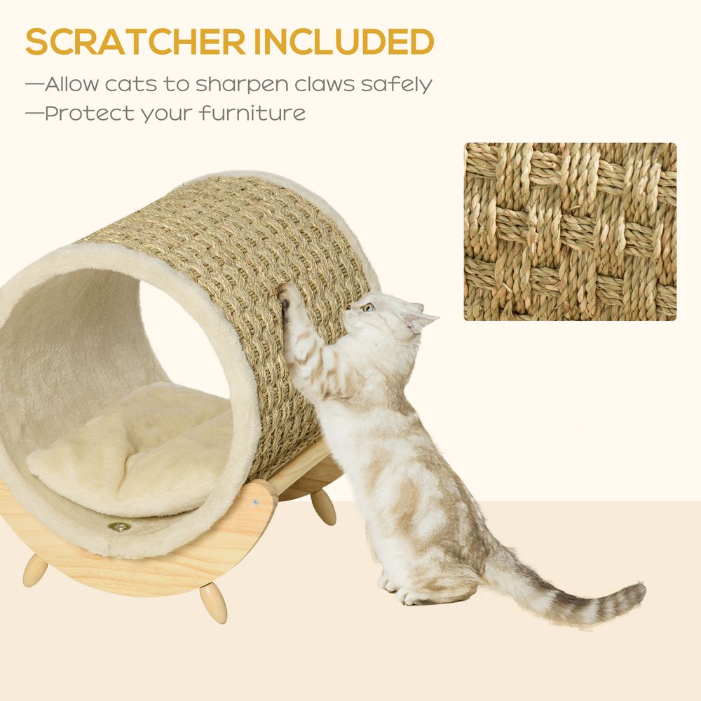 Elevated Cat House Kitten Bed Pet Shelter with Scratcher Cushion, Beige S0671070895