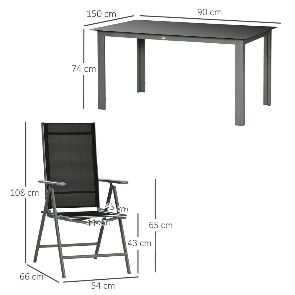 7pc Outdoor Dining Table and 6 Folding Chairs, Aluminium Patio Dining Set Black S0671114974