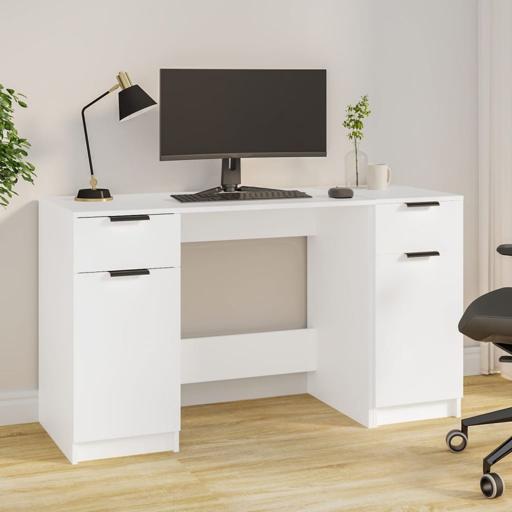 vidaXL Desk with Side Cabinet White Engineered Wood S0671070853