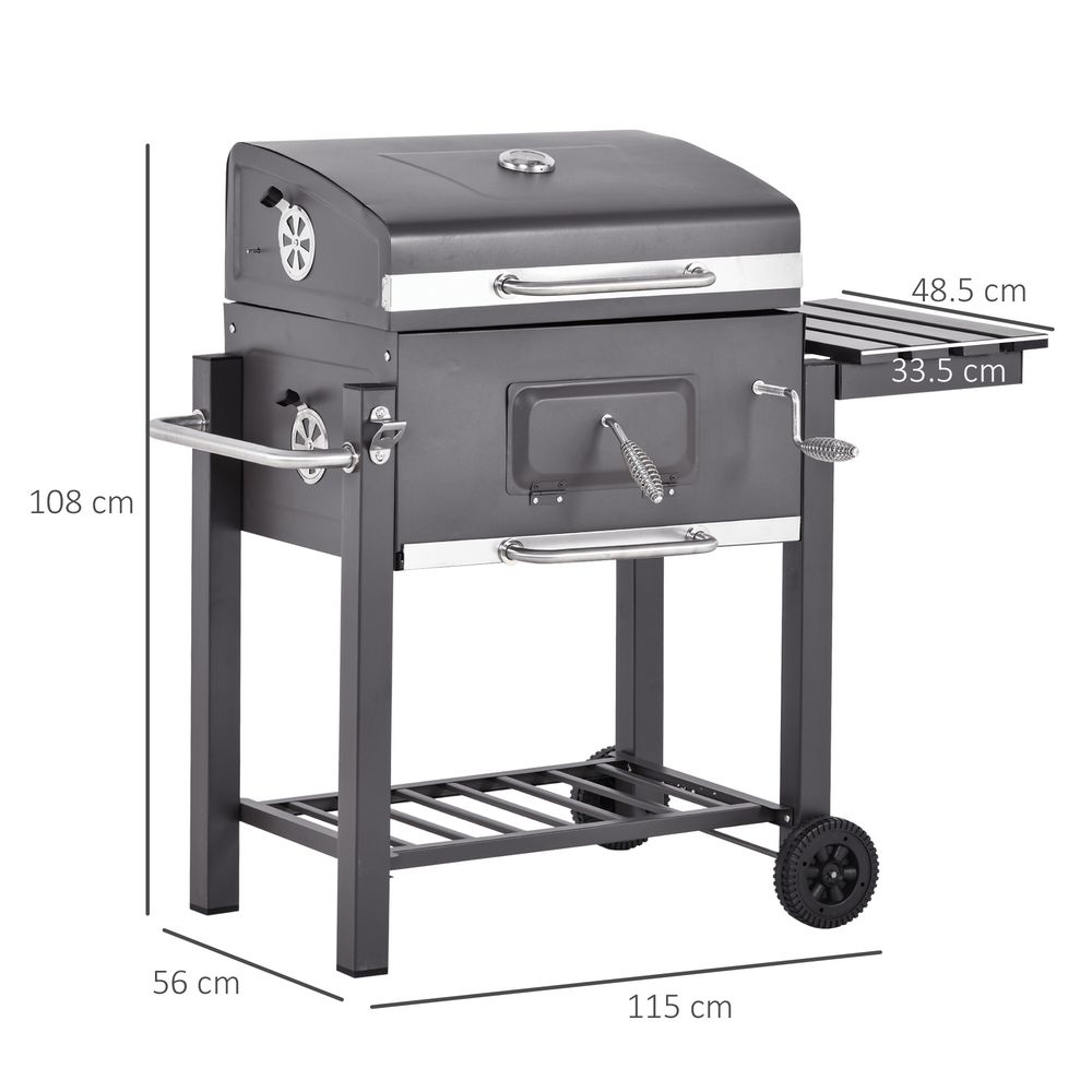 Charcoal Grill BBQ Trolley Wheels Shelf Side Thermometer Steel Black S0671080232