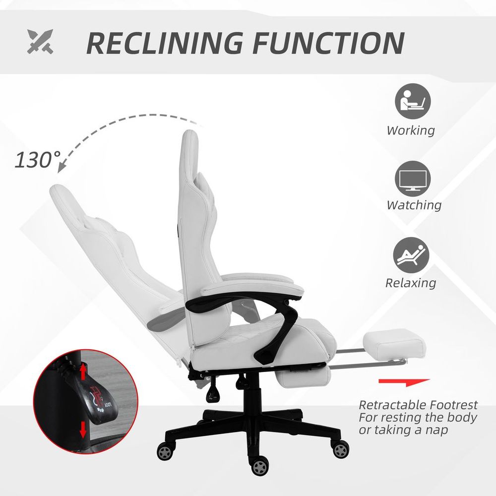 Racing Gaming Chair PU Leather Gamer Recliner Home Office, White S0671210942