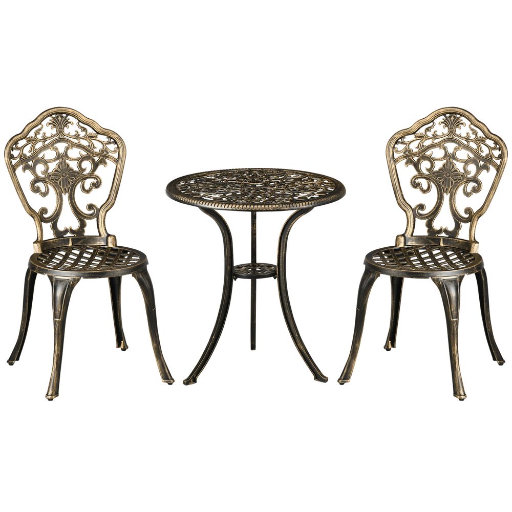 3 Piece Cast Aluminium Garden Bistro Set with Parasol Hole for Balcony, Patio S0671114986