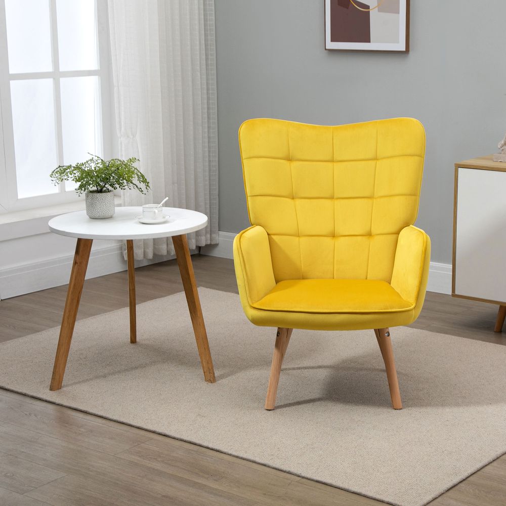 HOMCOM Modern Accent Chair Velvet-Touch Tufted Wingback Armchair, Yellow S0671080106