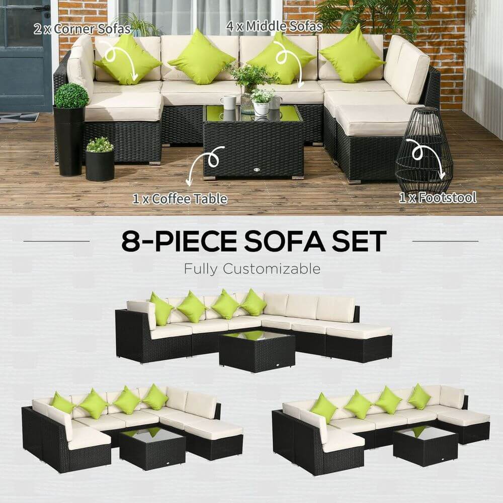 Outsunny 8 Pieces Patio Rattan Sofa Set Garden Furniture Set for Outdoor Black S0671121863