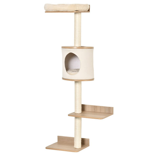 PawHut Wall-Mounted Cat Tree Shelter w/ Condo Bed Scratching Post Light Beige S0671346561