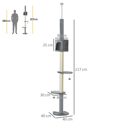 Cat Tree, Multi-Floor Pet Playhouse w/ Solid Scratching Post, Light Grey S0671071335