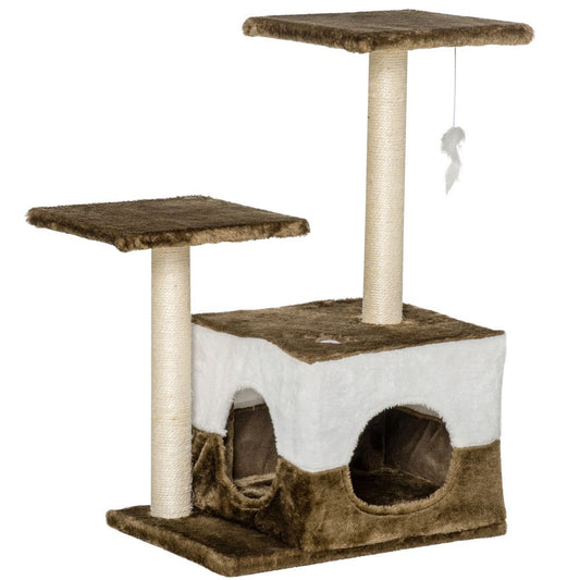 Cat Tree w/ Sisal Scratching Posts, House, Perches, Toy Mouse - Brown Pawhut S0671081250