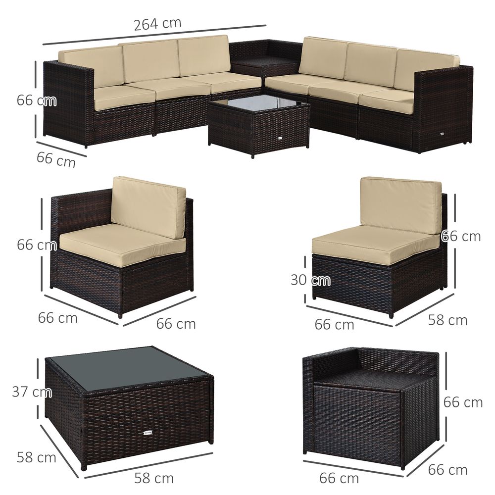 Outsunny 6-Seater Rattan Sofa Furniture Set W/Cushions, Steel Frame-Brown S0671072395