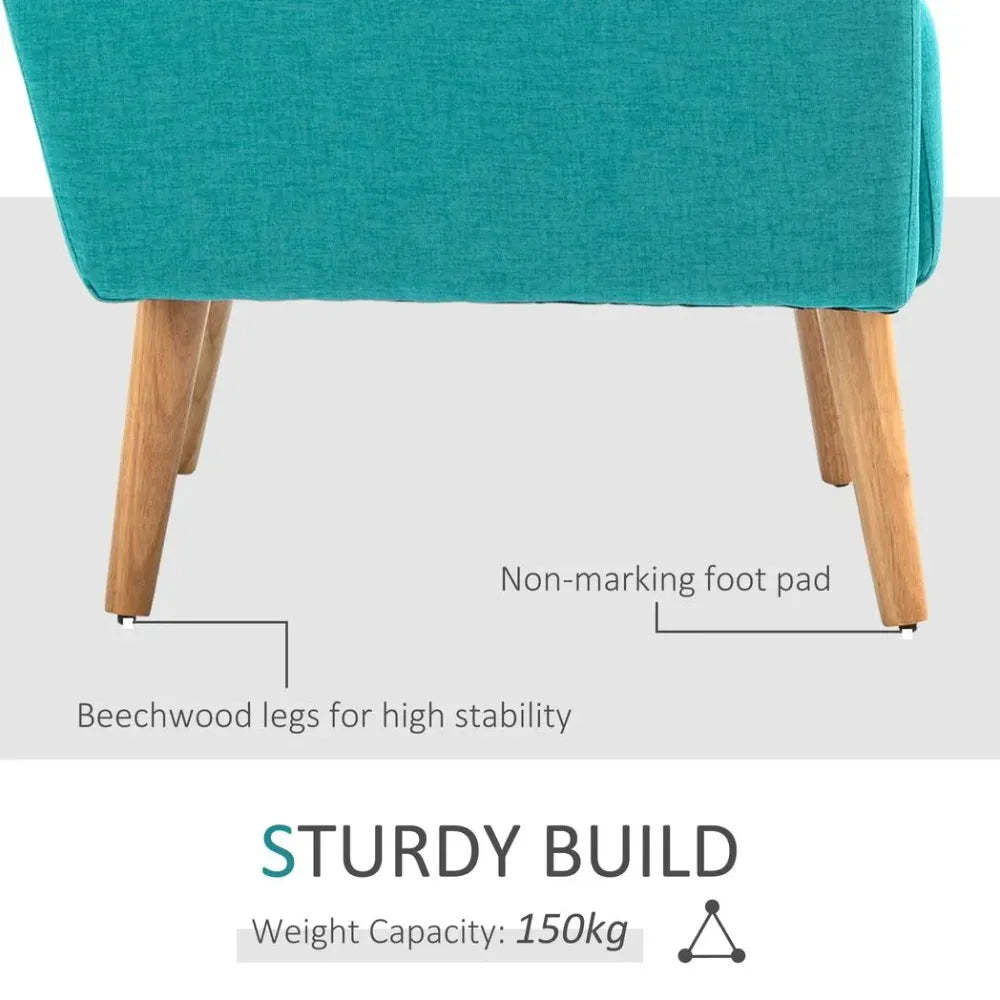 Nordic Armchair Linen-Touch Sofa Chair with Cushioned Pillow & Wood Legs Teal S0671097098