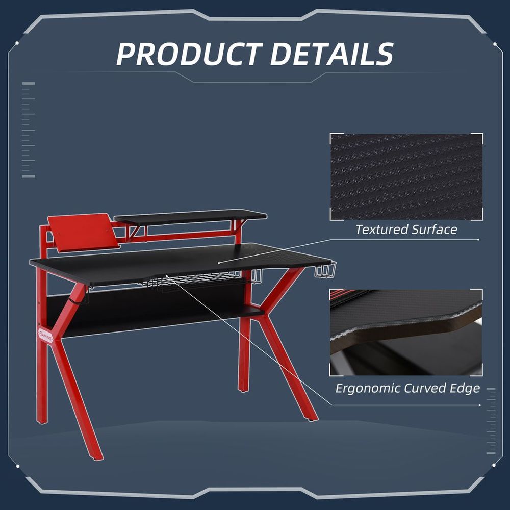 Gaming Desk Computer Table w/ Cup Holder Headphone Hook, Basket, Red S0671149175