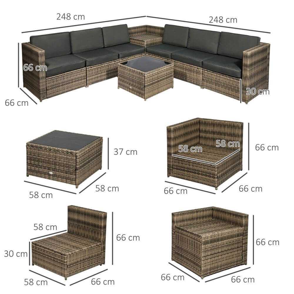 Outsunny 8Pcs Patio Rattan Sofa Set Garden Furniture Side Table w/ Cushion S0671129874