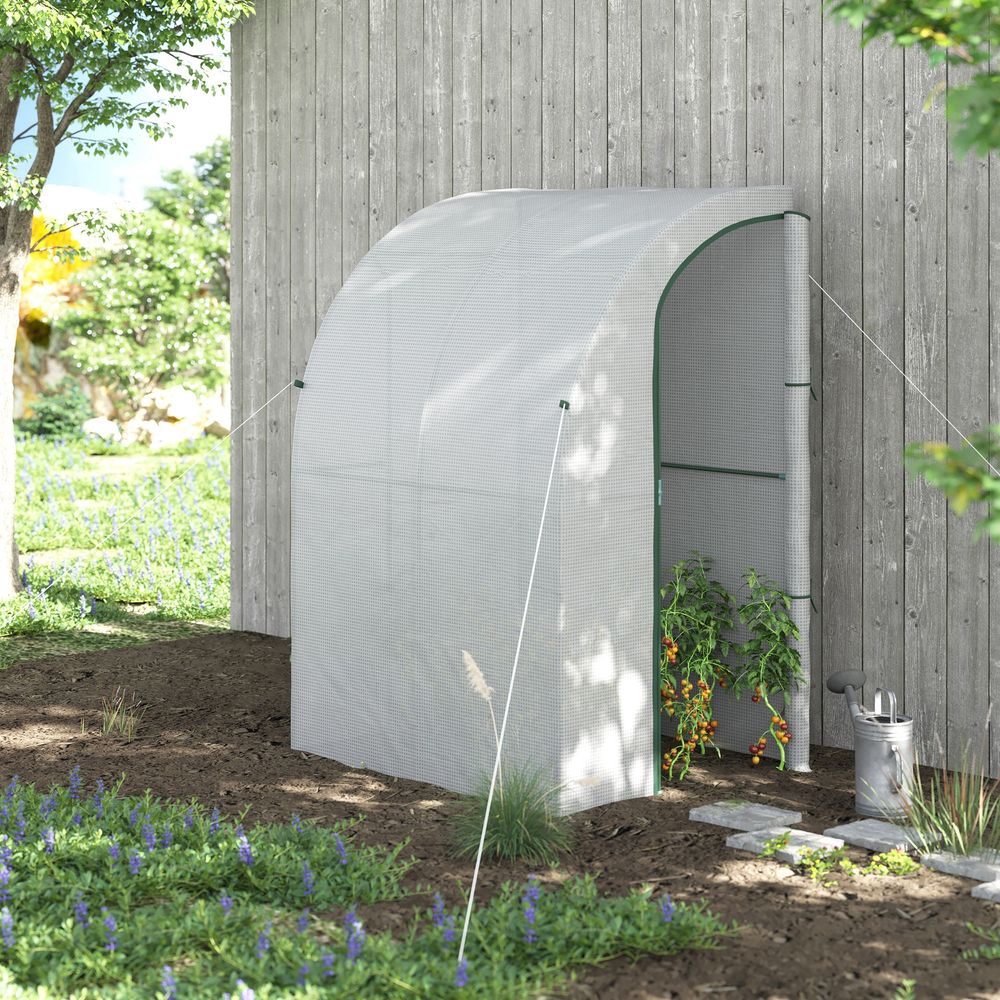 Outsunny Walk-In Lean to Wall Greenhouse w/ Zippered Door 143x118x212cm, White S0671255459