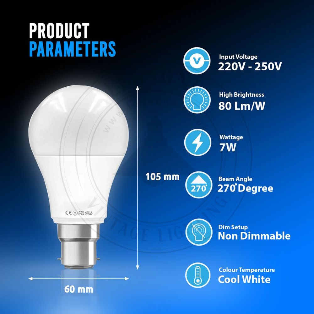 7W B22 Screw LED Light GLS bulbs, Energy Saving Edison Cool White 6000K non dimmable lights V0671114329