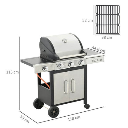 Outsunny Deluxe Gas Barbecue Grill 3+1 Burner Garden BBQ w/ Large Cooking Area S0671433366