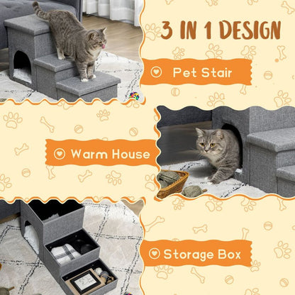 PawHut 3 Step Dog Steps for Bed w/ Cat House Storage Boxes for Sofa Grey S0671114533