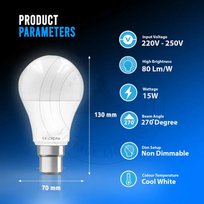 15W B22 Screw LED Light GLS bulbs, Energy Saving Edison Cool White 6000K non dimmable lights V0671114303