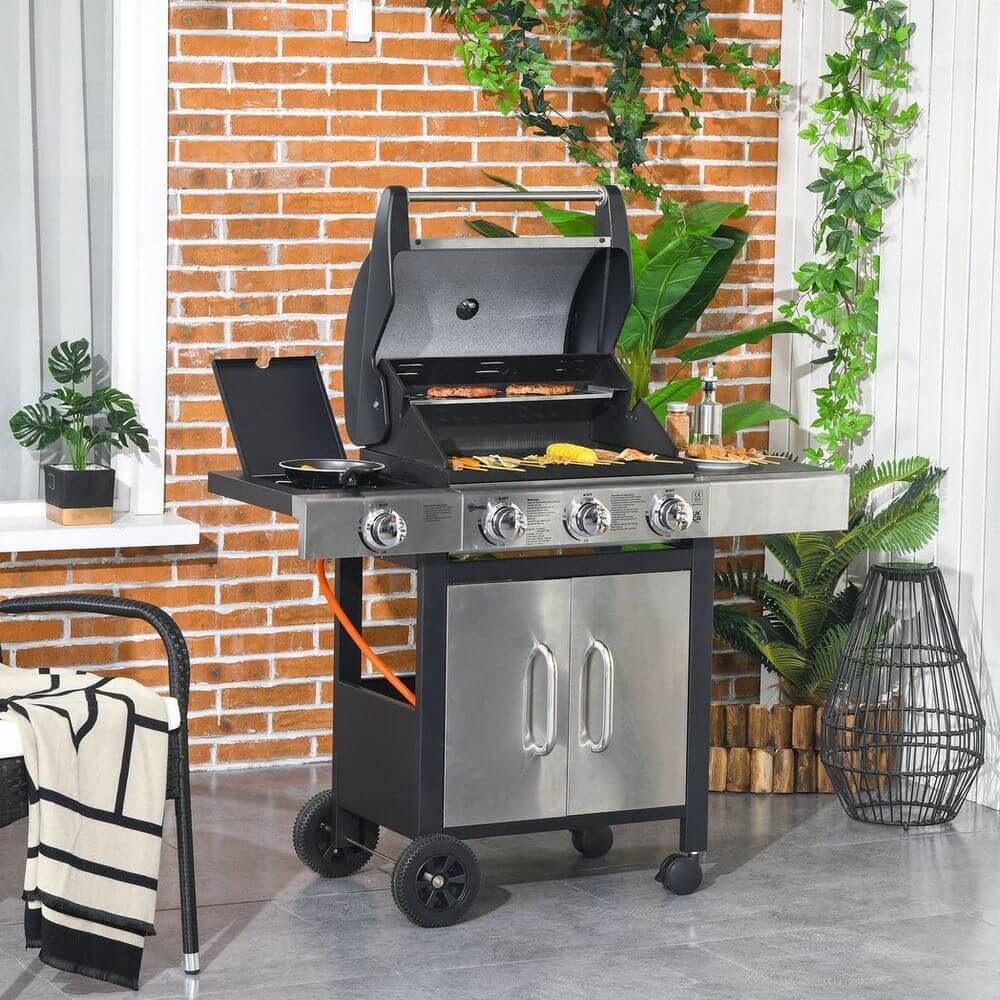 Outsunny Deluxe Gas Barbecue Grill 3+1 Burner Garden BBQ w/ Large Cooking Area S0671433366