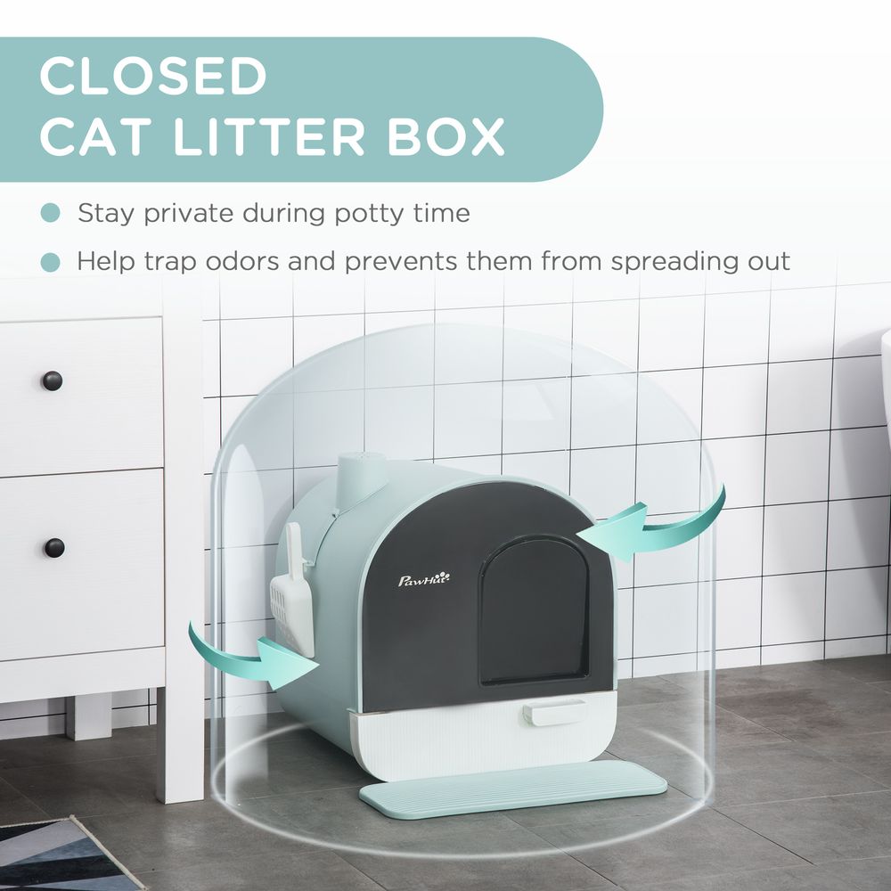 Hooded Cat Litter Tray Kitten Toilet W/ Scoop Filter Flap Door 43x44x47 cm Green S0671070907