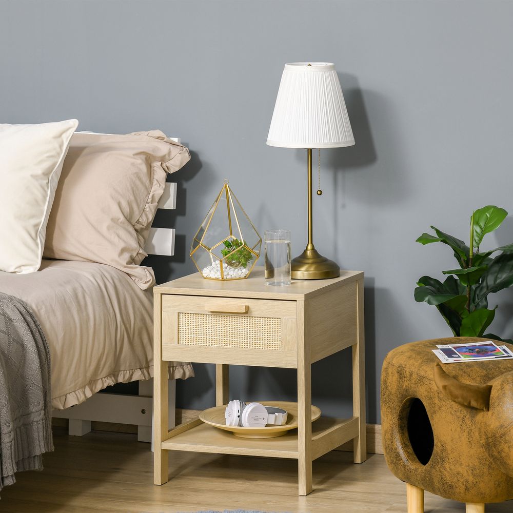 Bedside Table Nightstand W/ Rattan Drawer Storage Shelf Bedroom Living Room S0671079557