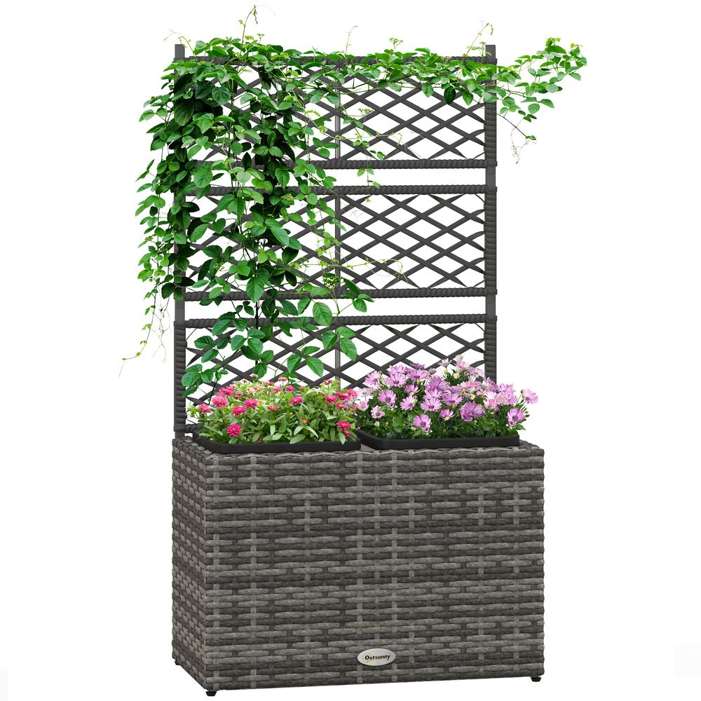 Outsunny Garden PE Rattan Planter Box with Trellis Flower Raised Bed 57x30x107cm S0671398985