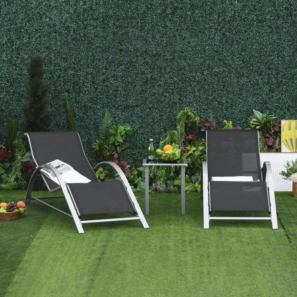 3 Pieces Lounge Chair Set Garden Sunbathing Chair w/ Table Black Outsunny S0671080294