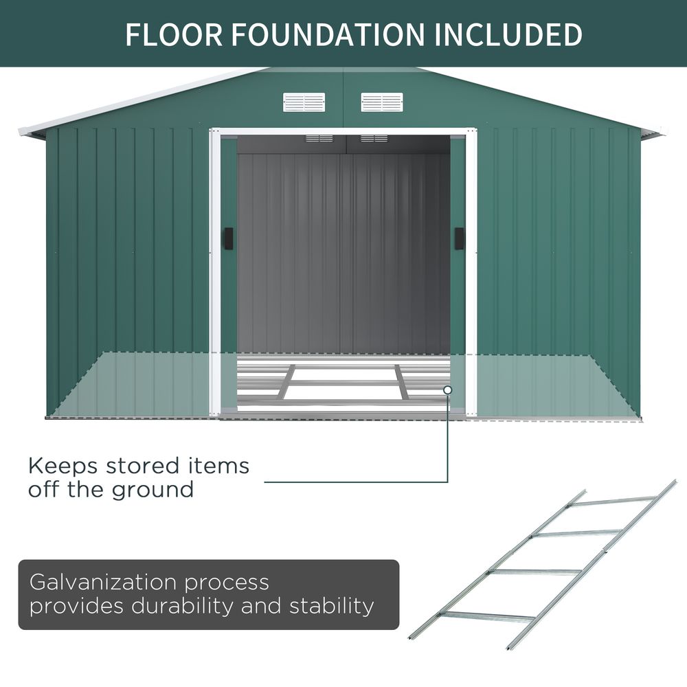 13ft x 11ft Outdoor Roofed Metal Storage Shed Foundation Vent & Doors Green S0671071891