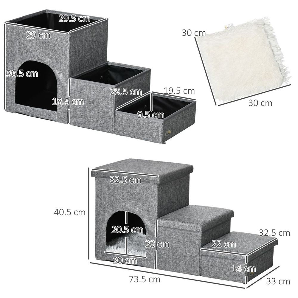 PawHut 3 Step Dog Steps for Bed w/ Cat House Storage Boxes for Sofa Grey S0671114533