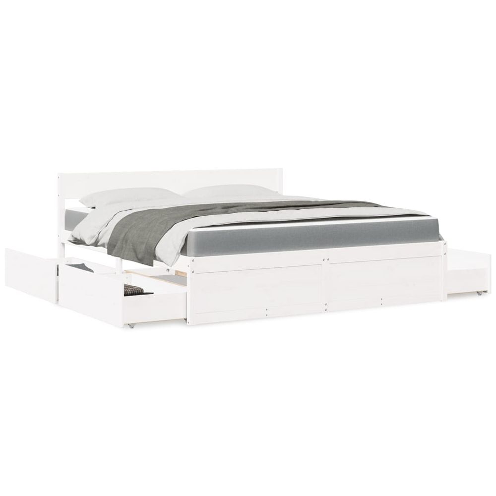 vidaXL Bed with Drawers and Mattress White 180x200 cm Super King Solid Wood Pine S0671489502