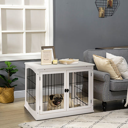 Wooden Dog Crate End Table Pet Puppy Cage w/Metal Wire for Small Dog White S0671071079