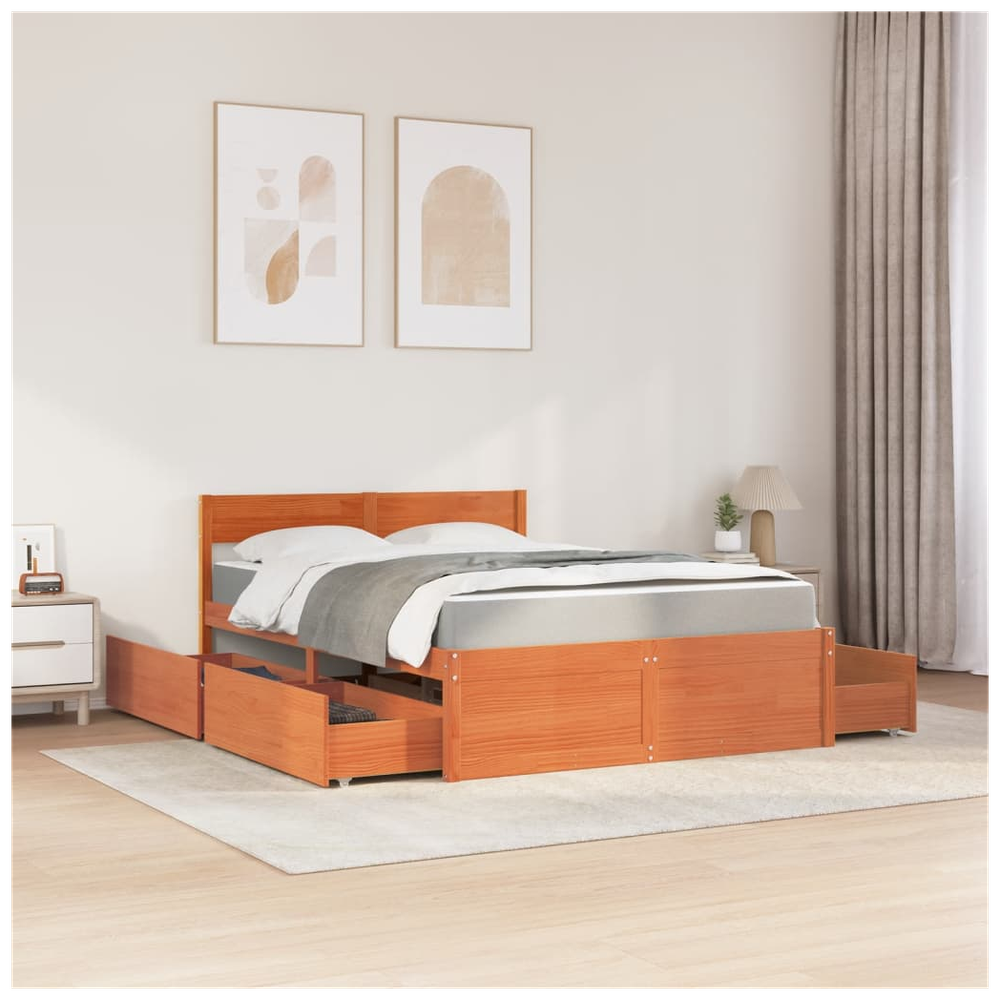 vidaXL Bed with Drawers and Mattress Wax Brown 120x200 cm Solid Wood Pine S0671489510