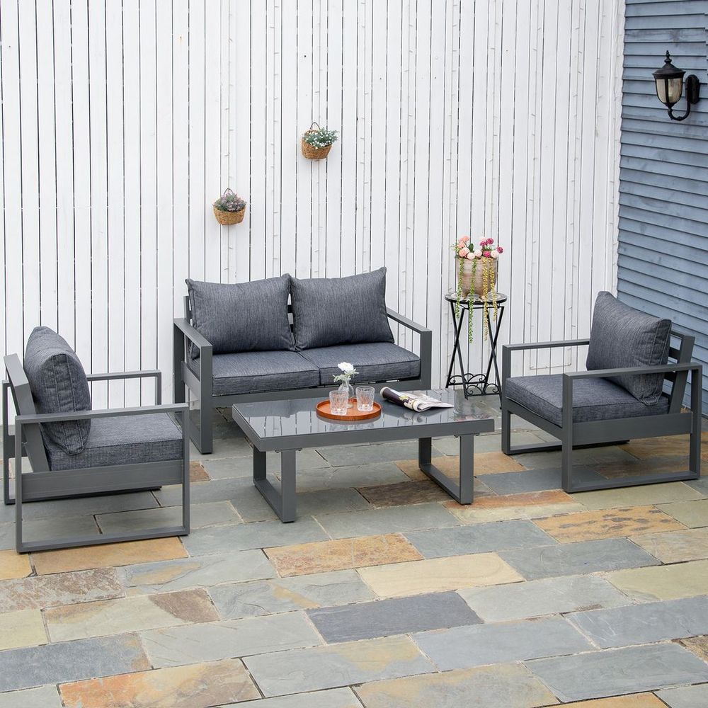 4 Piece Aluminium Outdoor Furniture Set w/ Table & Olefin Cushion Cover S0671149128