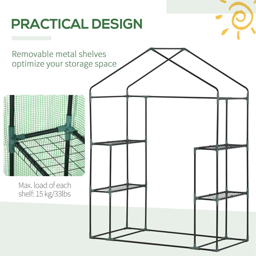 WalkIn Greenhouse 2 Tier Shelf, Roll-Up Door, PE Cover, 141x72x191cm, Green S0671071953