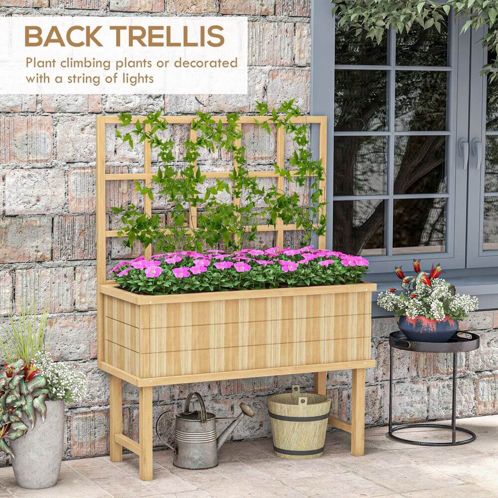 Outsunny Wood Raised Planter w/ Trellis Drain Holes Elevated Garden Bed Natural S0671433492