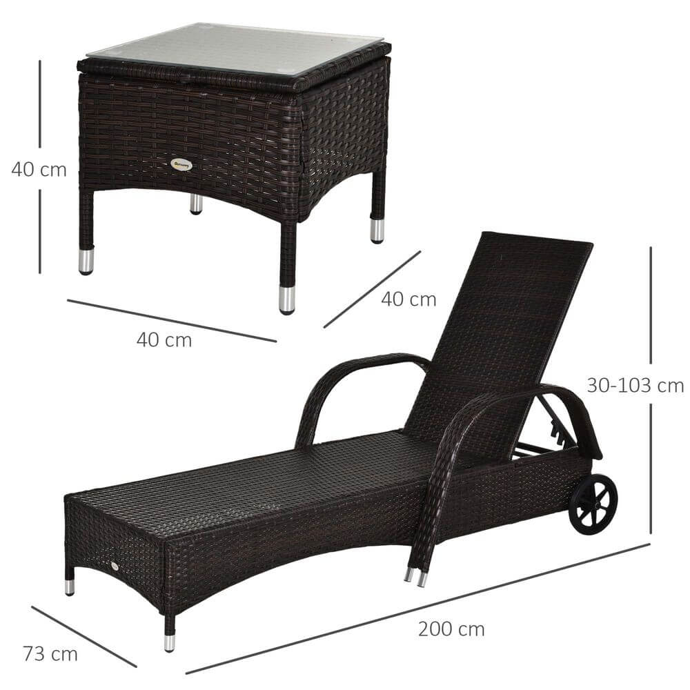 Garden Rattan Furniture 3 PC Sun Lounger Recliner Set & Side Table Patio Wicker V067942212