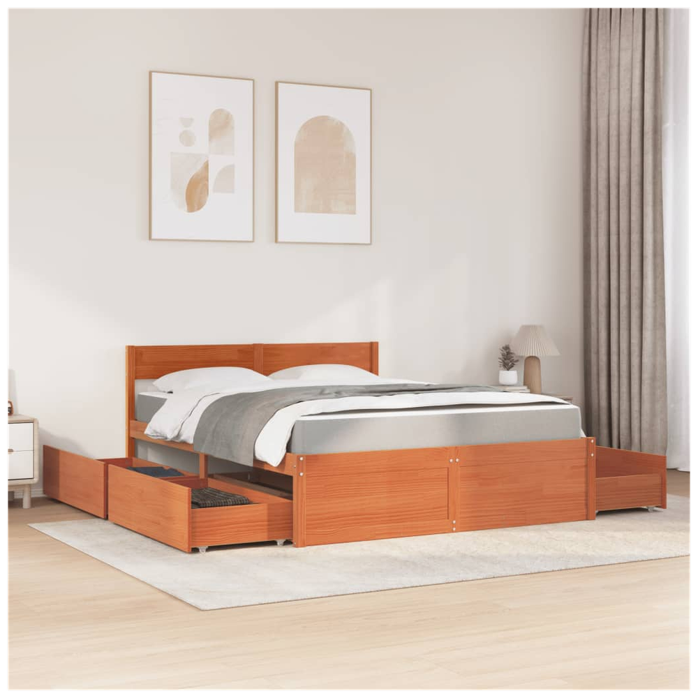 vidaXL Bed with Drawers and Mattress Wax Brown 140x200 cm Solid Wood Pine S0671489365