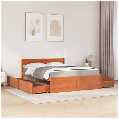 vidaXL Bed with Drawers and Mattress Wax Brown 140x200 cm Solid Wood Pine S0671489365