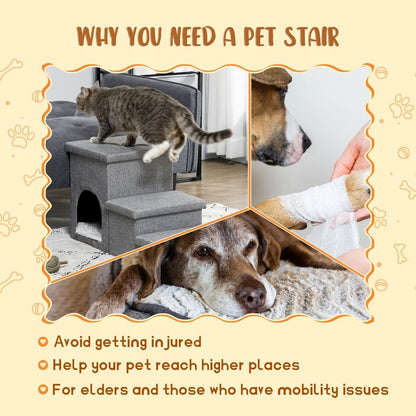 PawHut 3 Step Dog Steps for Bed w/ Cat House Storage Boxes for Sofa Grey S0671114533