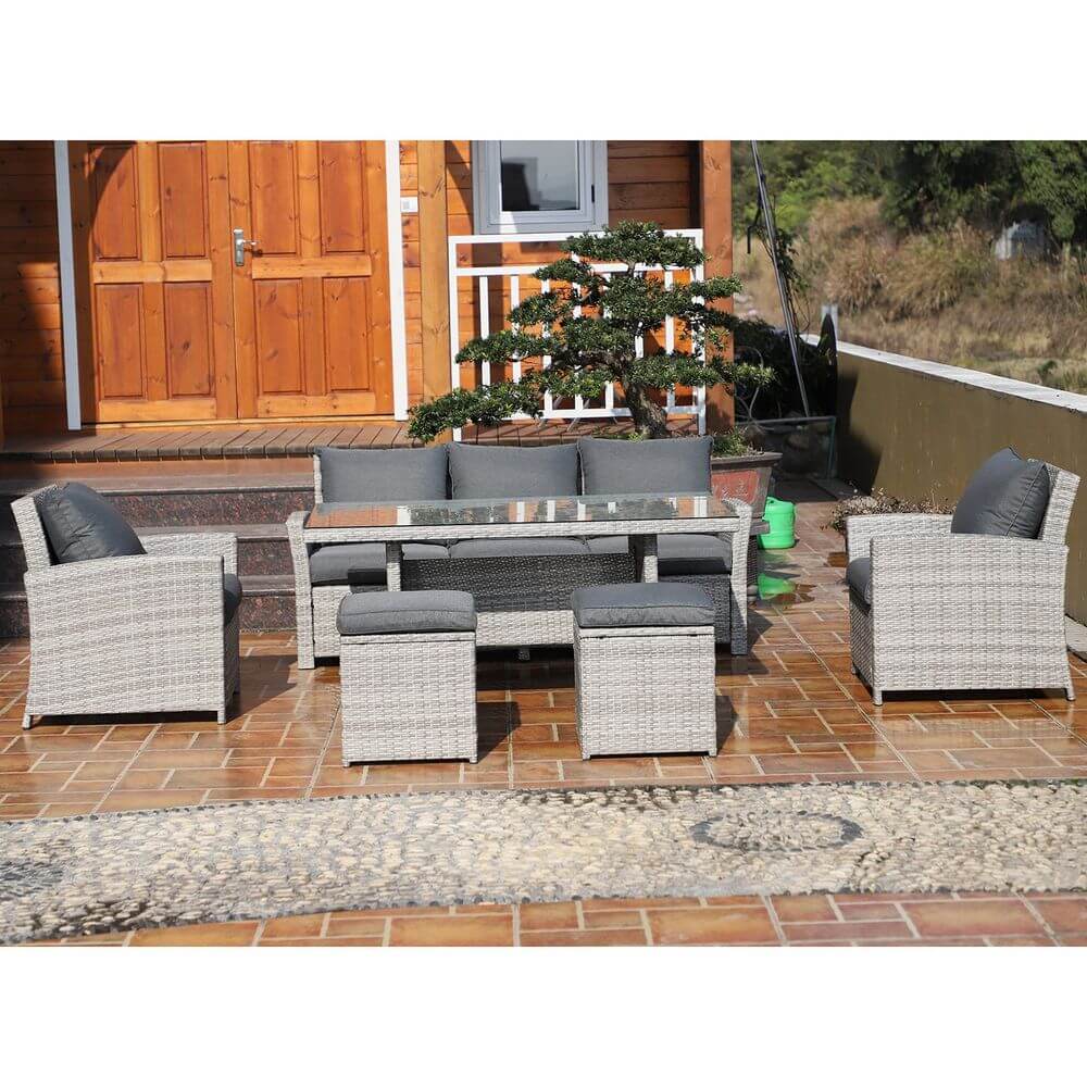 6Pcs Rattan Dining Set Sofa Table Footstool Outdoor w/ Cushion Garden Furniture S067941875