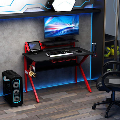 Gaming Desk Computer Table w/ Cup Holder Headphone Hook, Basket, Red S0671149175