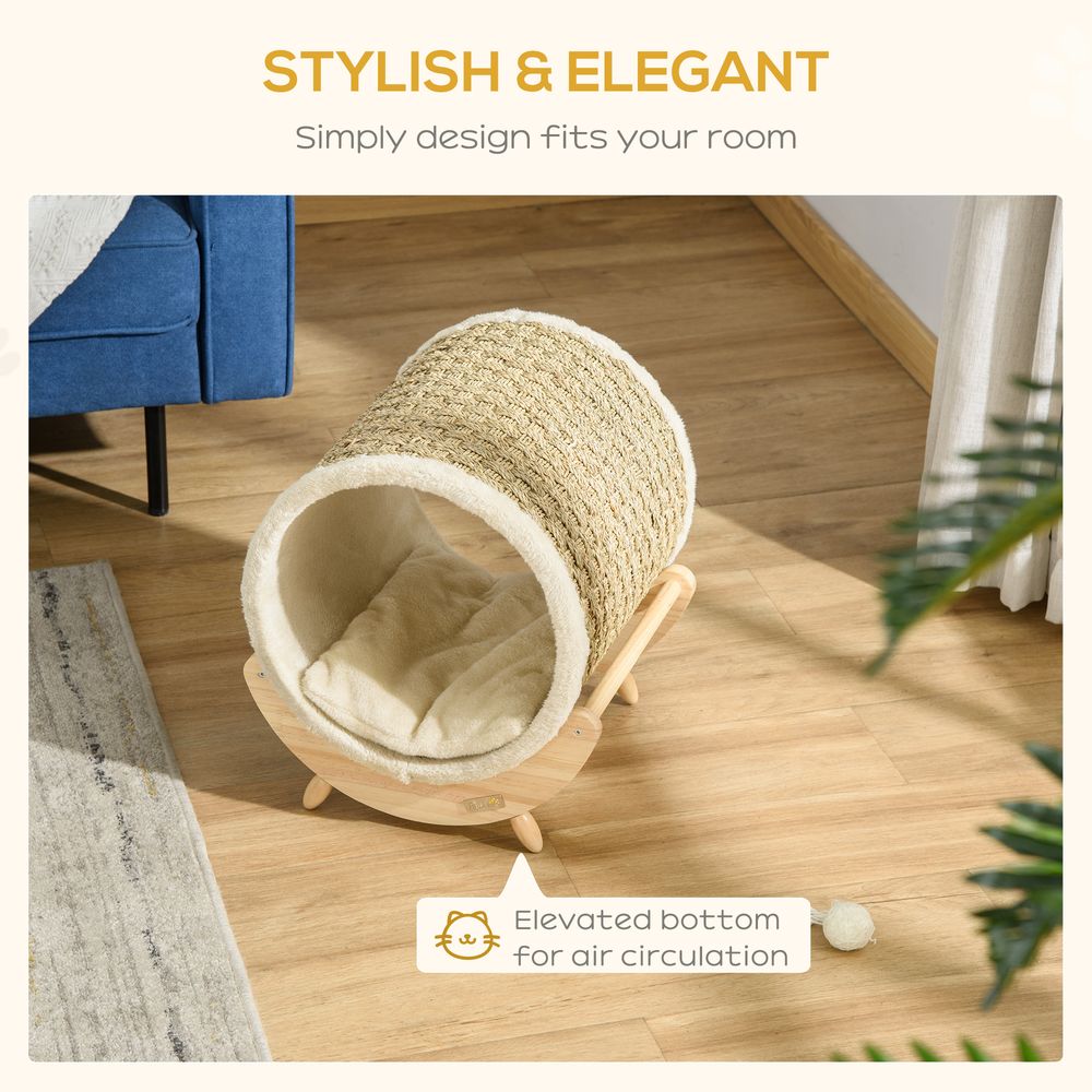 Elevated Cat House Kitten Bed Pet Shelter with Scratcher Cushion, Beige S0671070895