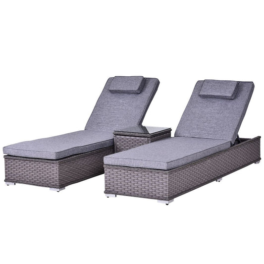 3 Piece Rattan Lounge Set, Side Table, 5-Position Adjustable Recline Chair, Grey V067942551