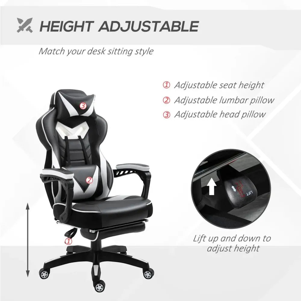 Gaming Chair Ergonomic Reclining w/ Manual Footrest Wheels Stylish Office White S0671097185