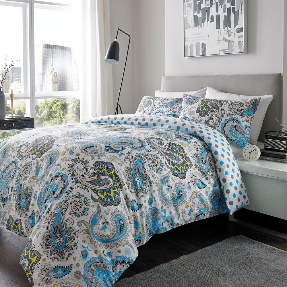 100% Brushed Cotton Duvet Set Paisley DOUBLE BLUE GREY S002505302